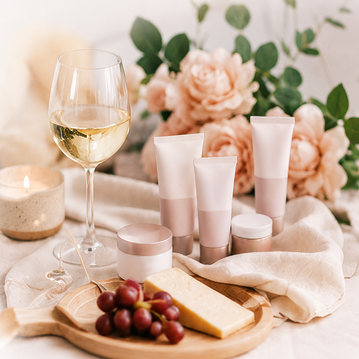 Wine, flowers, and beauty products prepared for the evening